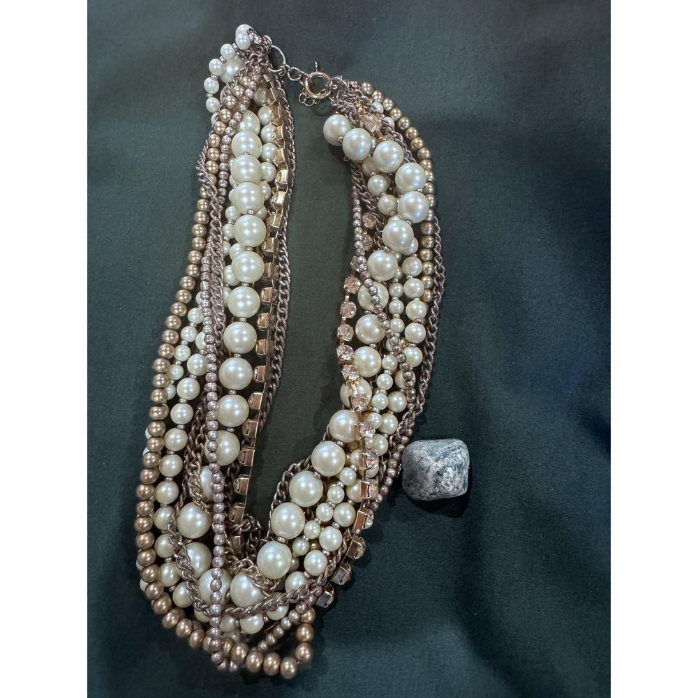 Multi Strand Faux Pearl and Chain Statement Necklace with Raw Stone Pendant